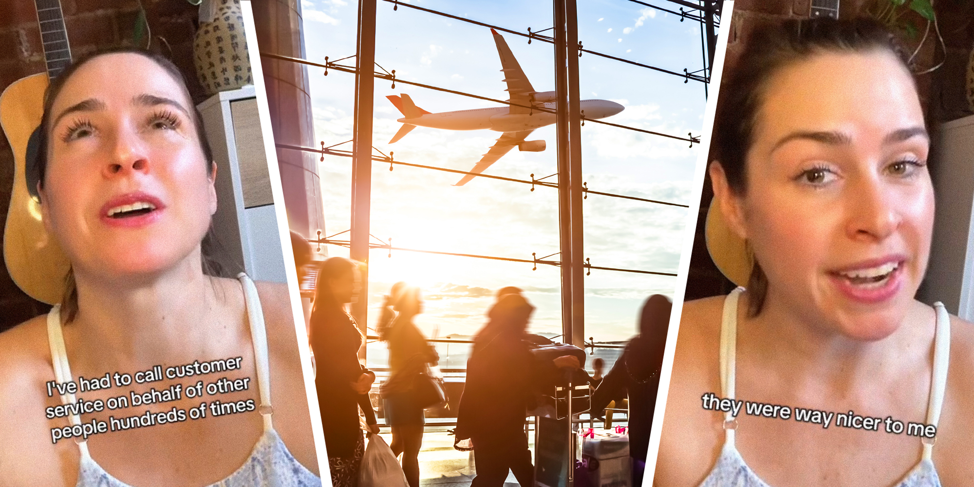 3 panel image: on the sides a person explains and in the middle is a scene from an airport.