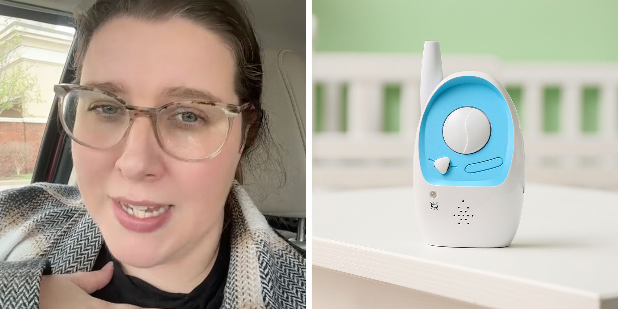 two panel design with a woman talking at the camera from inside of her car, next to an image of a baby monitor