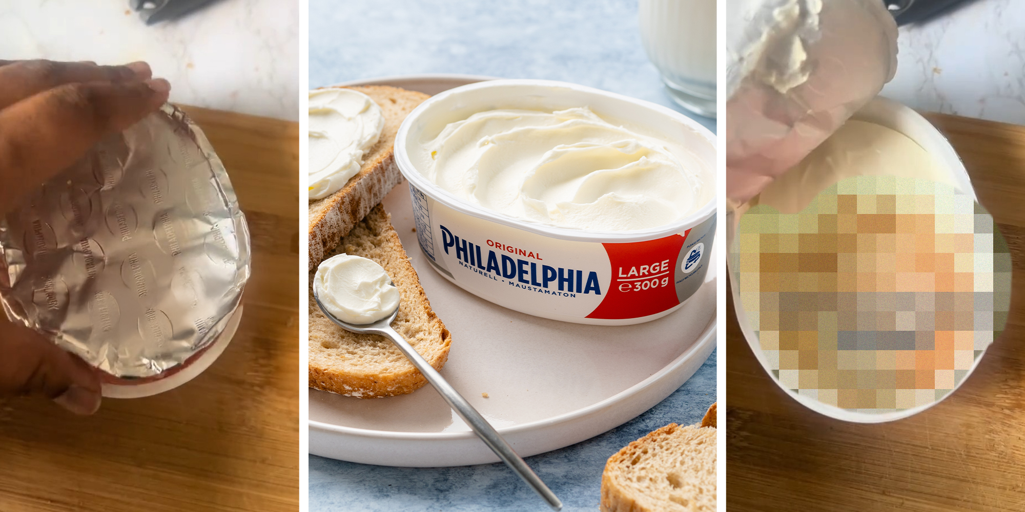 Persons hand over sealed philadelphia cheese(l) Classic packaging of cream cheese spread served with bread(c) Blurred opened Cheese(r)