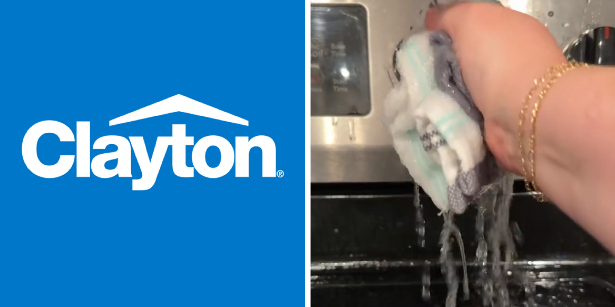 2 panel image: the Clayton Homes logo and a person squeezing out a sopping wet rag.