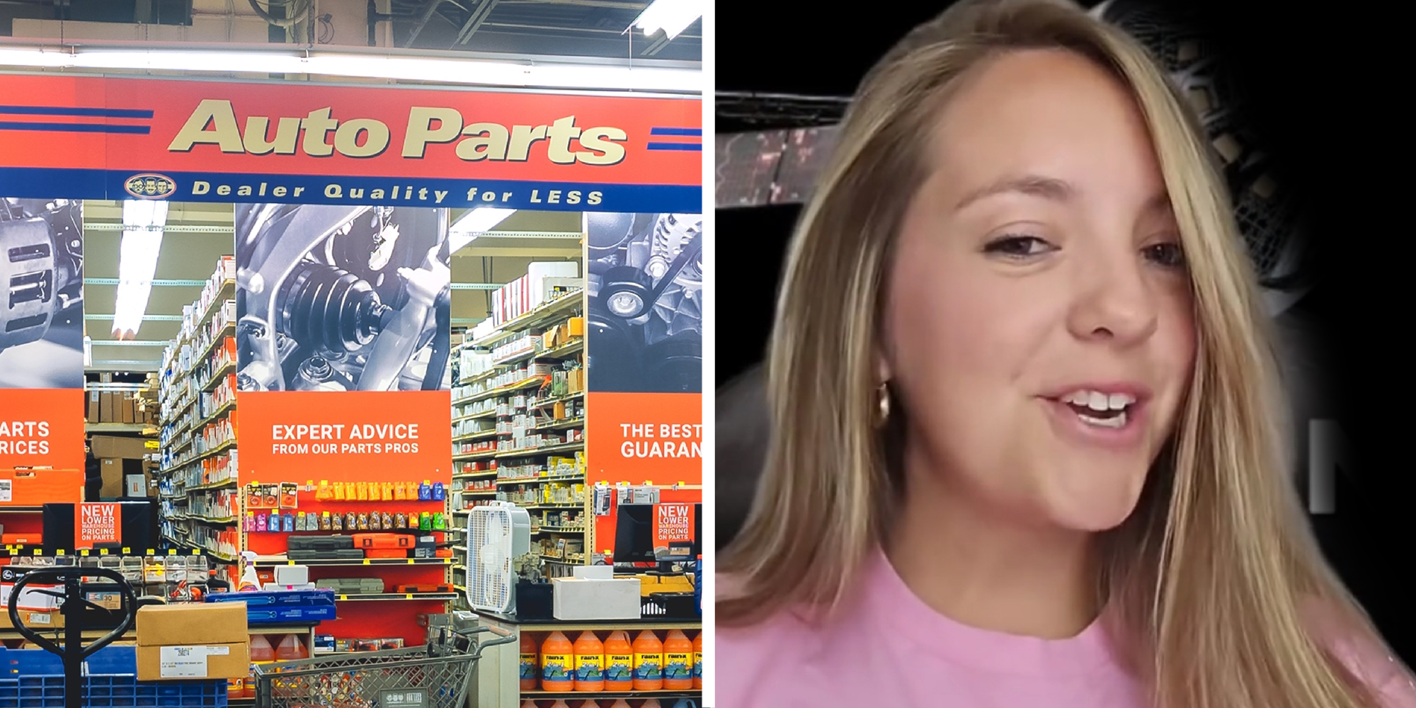 2 panel image: on the left is an auto parts store and on the right a person explains.