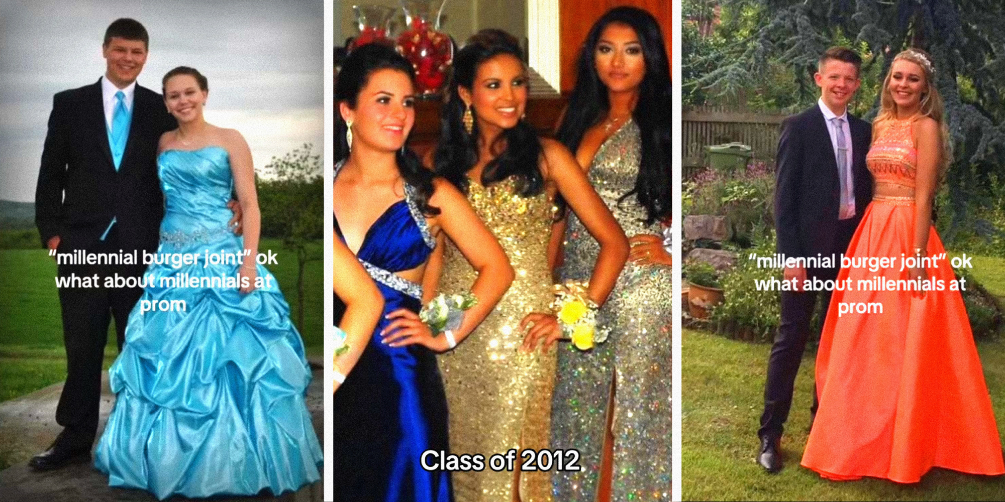 3 panel image all showing tiktok posts of young people in prom attire.