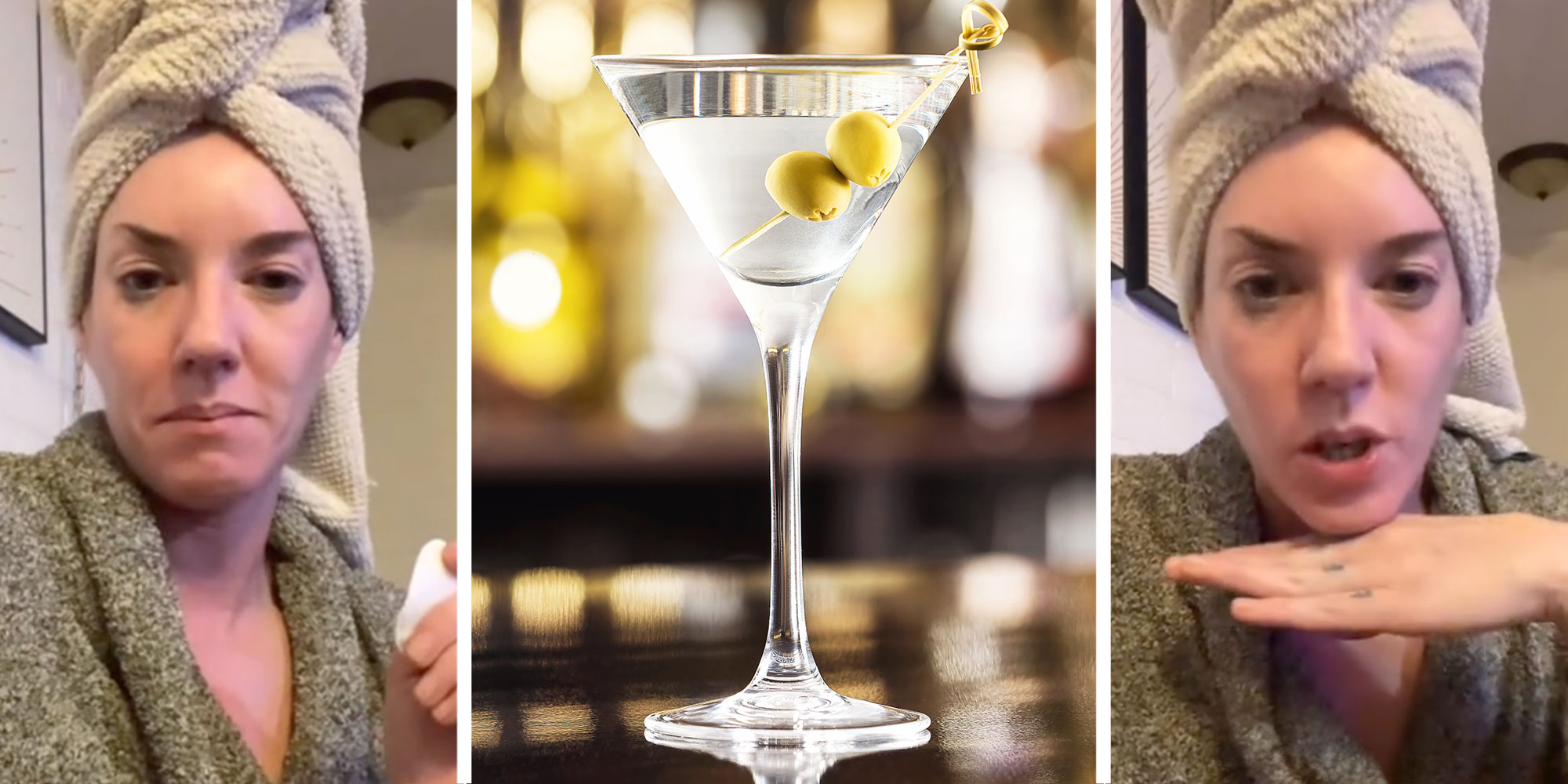 Three panel design with a woman looking at the camera with a judging expressing, next to a dirty martini image, next to an image of the same woman, this time with an expression of "go on..."