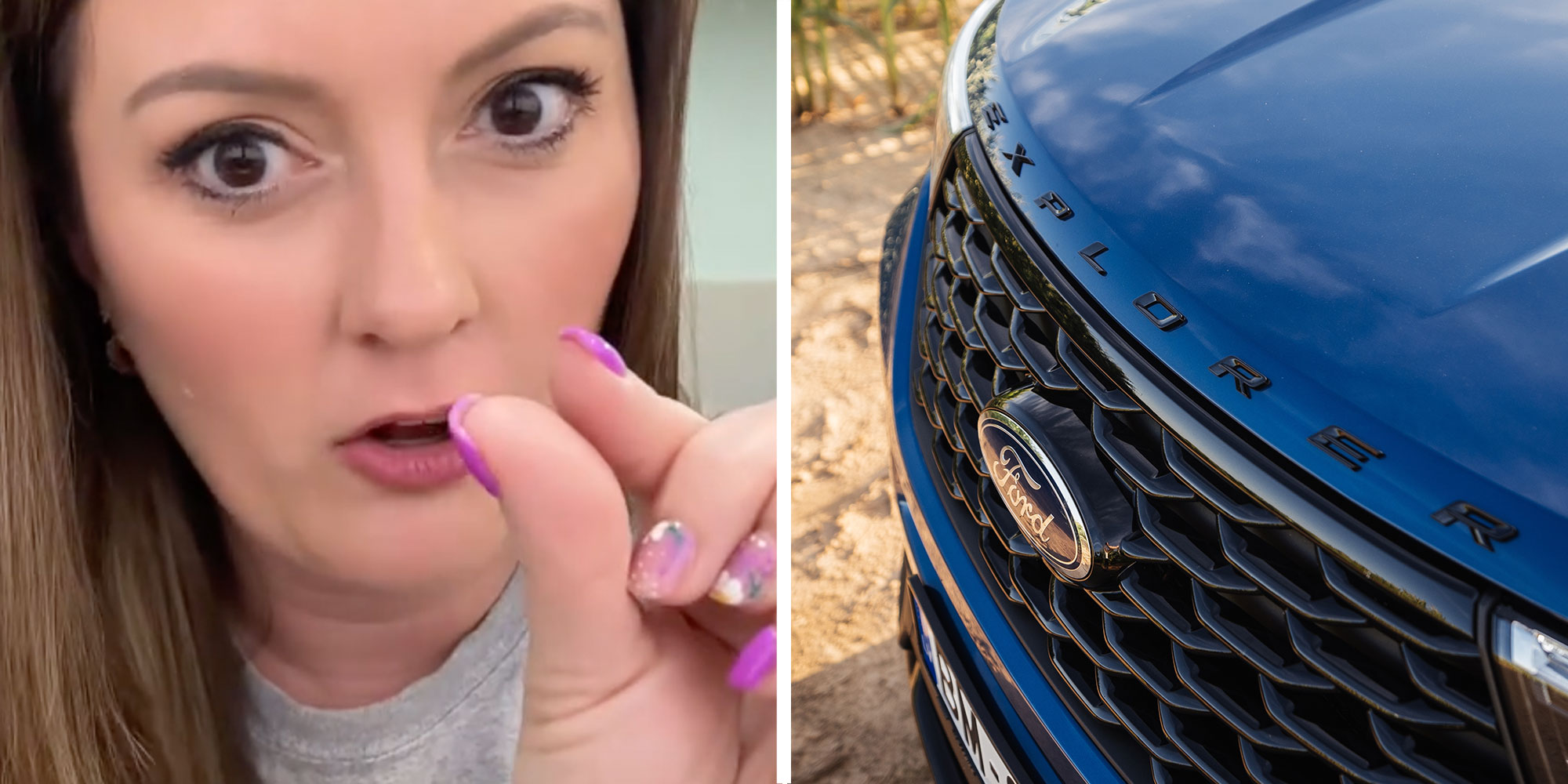 Two panel design with a woman looking at the camera making a pinch gesture with her hand, next to an image of a Ford Explorer.