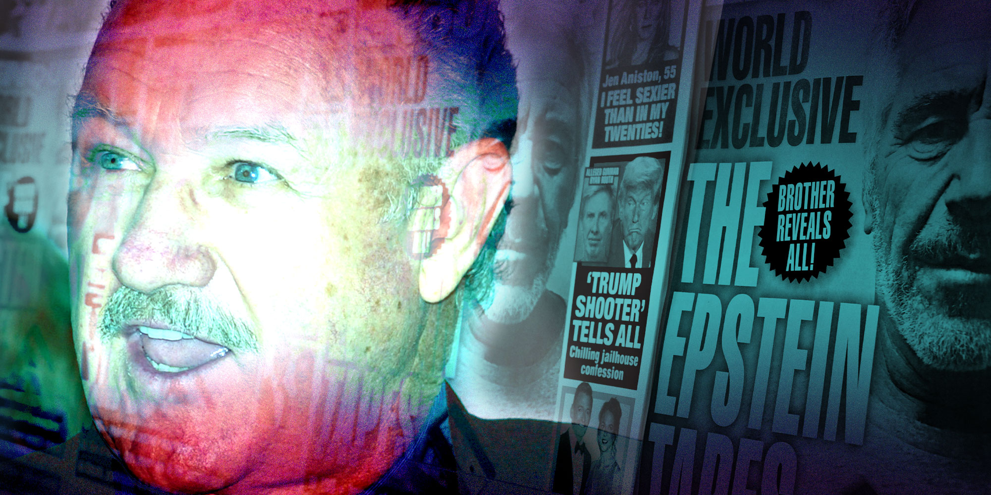 Design with Gene Hackman on the left overlaid on images of magazines reading "The Epstein Tapes"