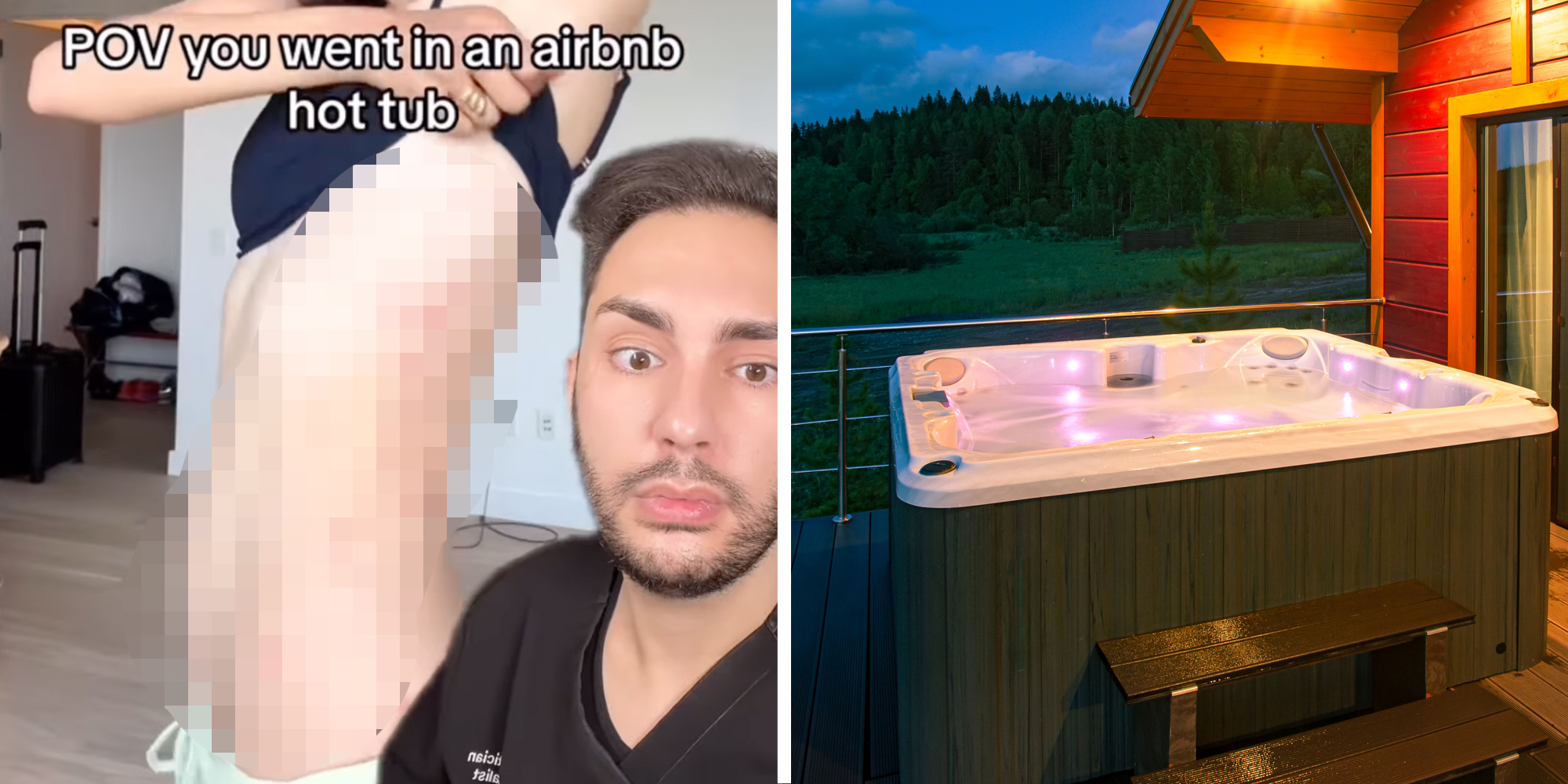 Woman showing off skin with doctor concerned and text "pov you went in an airbnb hot tub"(l), Hot tub(r)