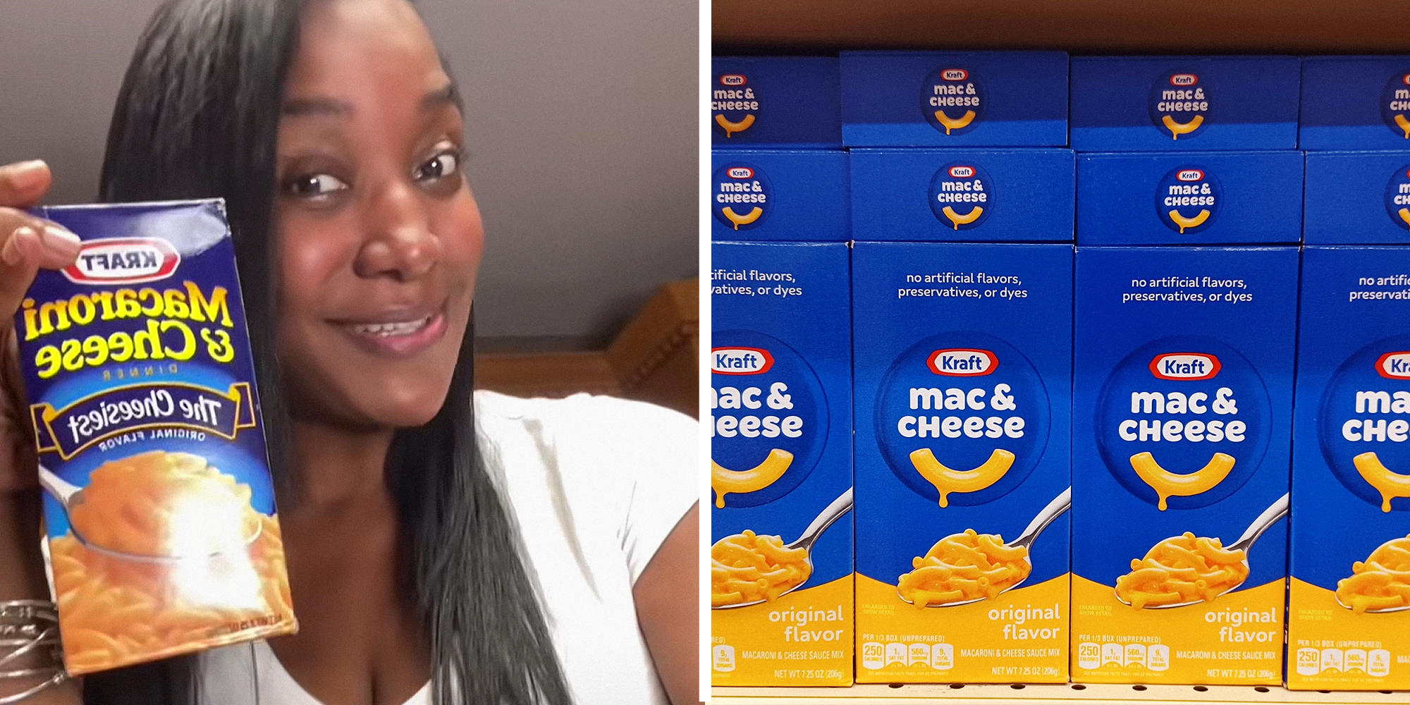 2 image split. Woman in kitchen holding box of mac and cheese on left. Kraft Mac and Cheese boxes in grocery store on right.
