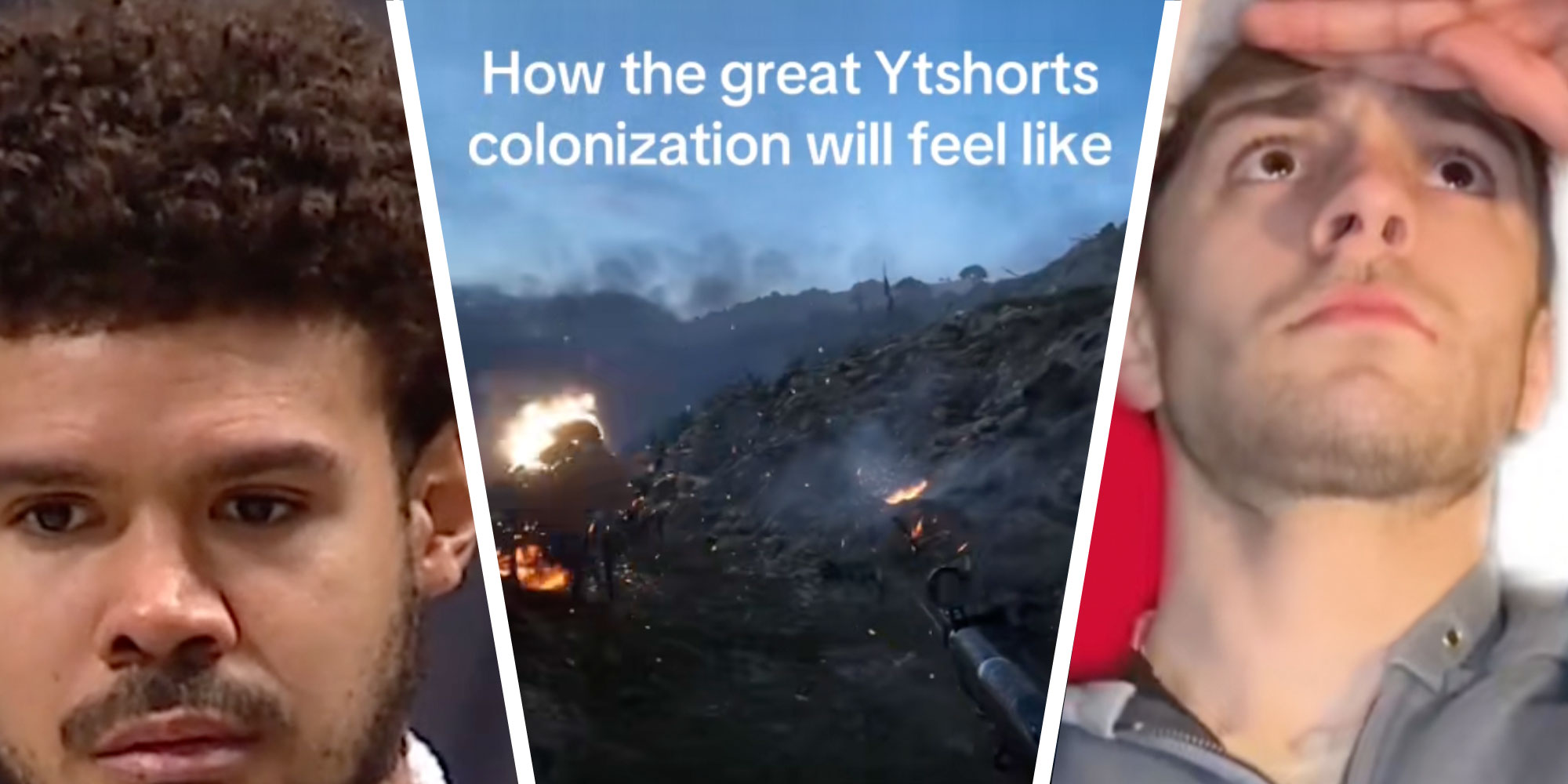 three panel design with a man looking off into the distance, next to an image of a war scene from a video game with text reading "How the great YTshorts colonization will feel like", next to an image of a man doing a salute.
