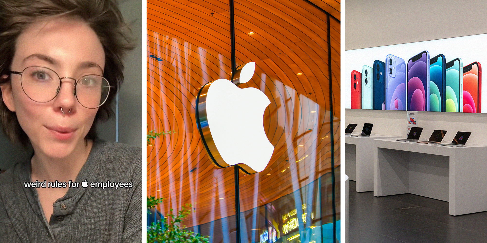 Woman shares weird rules for apple employees(l) Apple Store Logo on glass(c) Apple Store display(r)