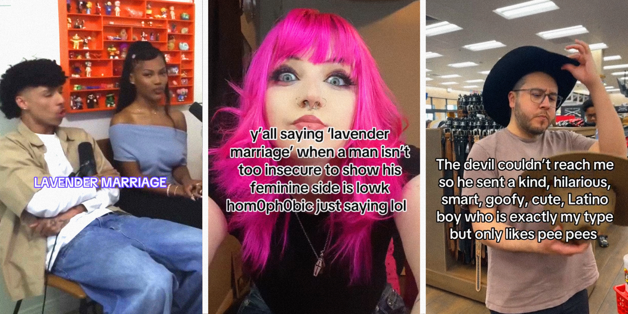 3 panel image: left to right - two people sit, a person leans forward, and a person tries on a cowboy hat.