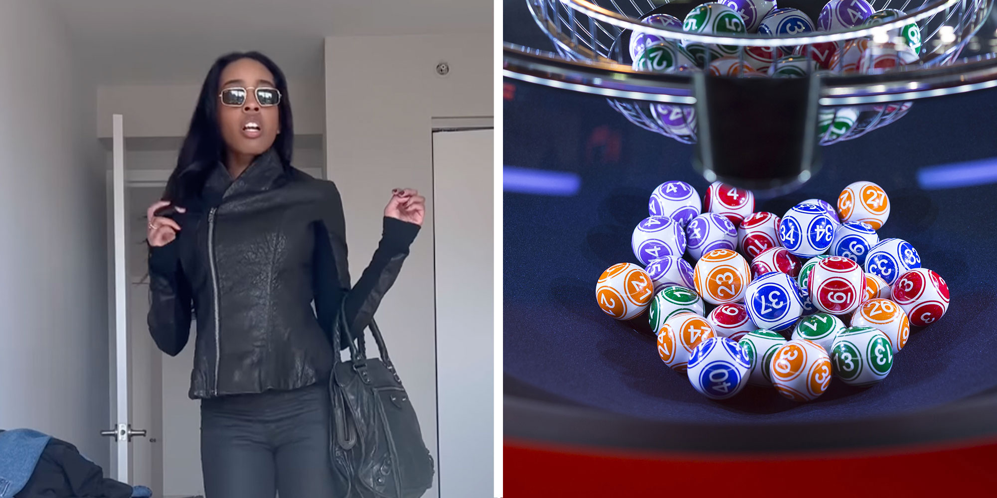 Two panel design with a woman standing inside of her apartment, next to an image of a Lottery game