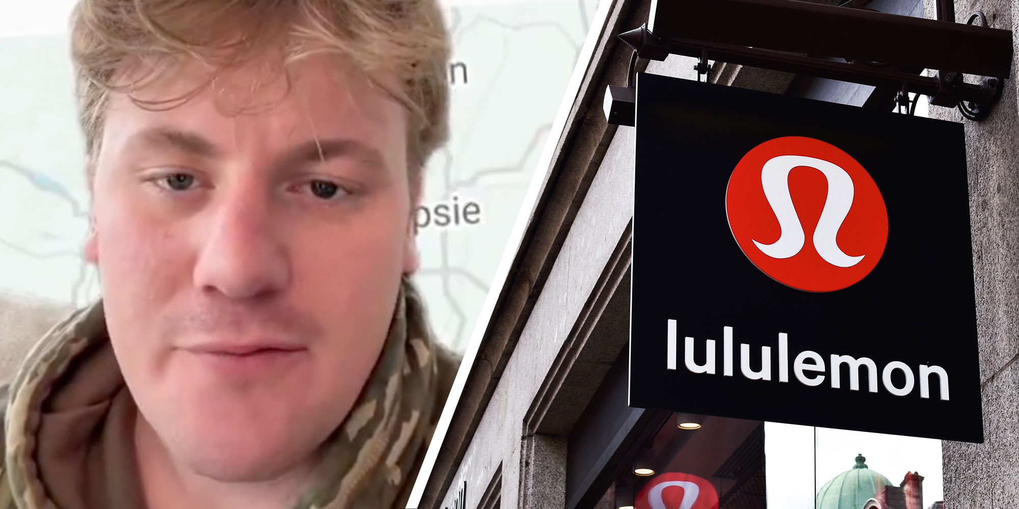 Two panel design with a man looking at the camera in one, next to an image of a Lululemon sign