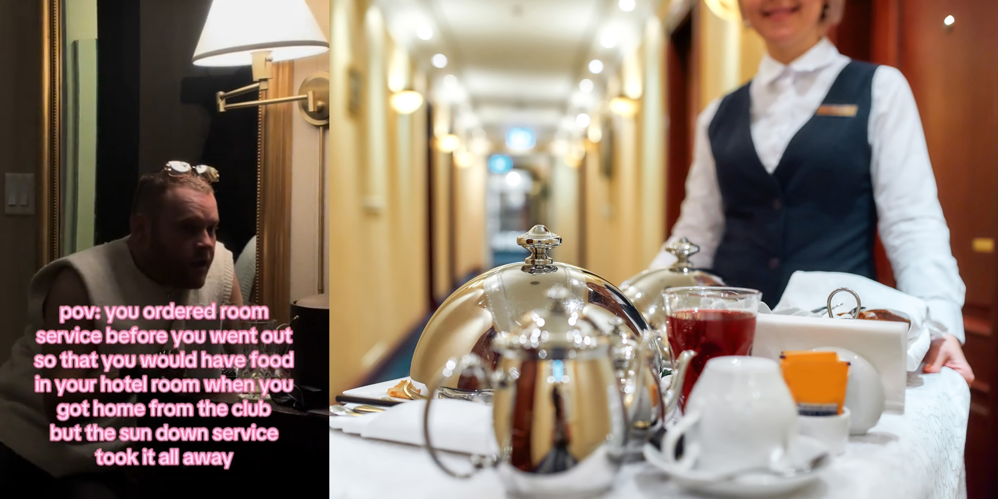 A person sitting at a desk, next to a hotel staffer with room service.