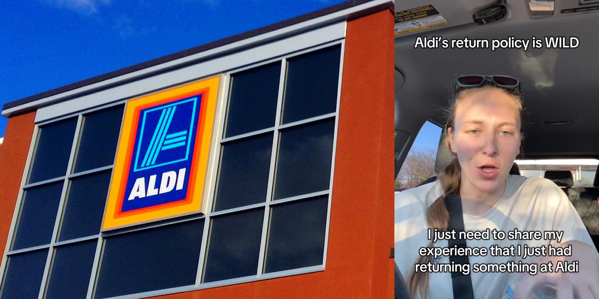 An Aldi sign next to a person speaking to the camera.