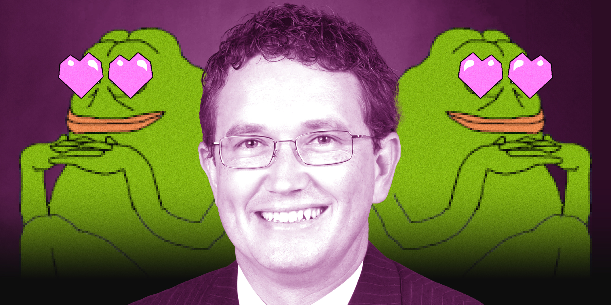 A photo collage of Rep. Thomas Massie with cartoon frogs with hearts in their eyes behind him.