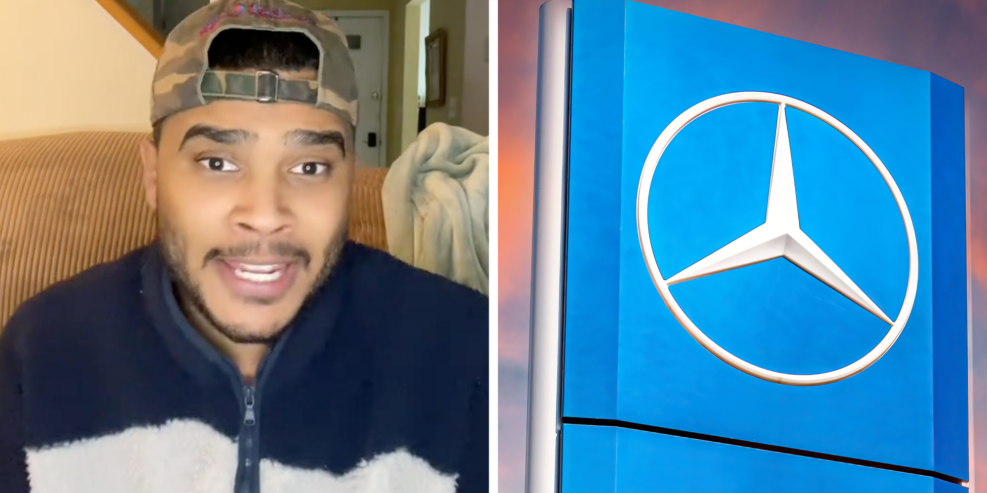 Man talking(L), Mercedes Benz sign(r)