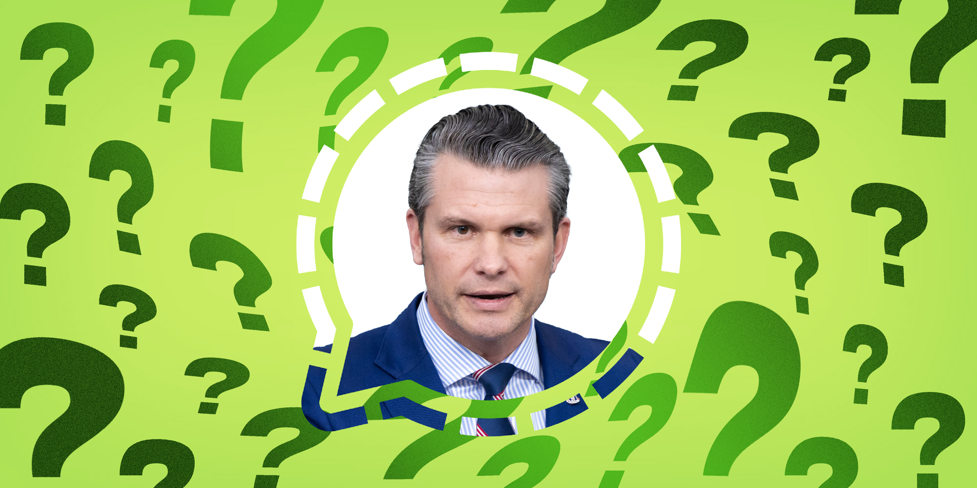 photo collage of Pete Hegseth inside the Signal app logo surrounded by question marks.