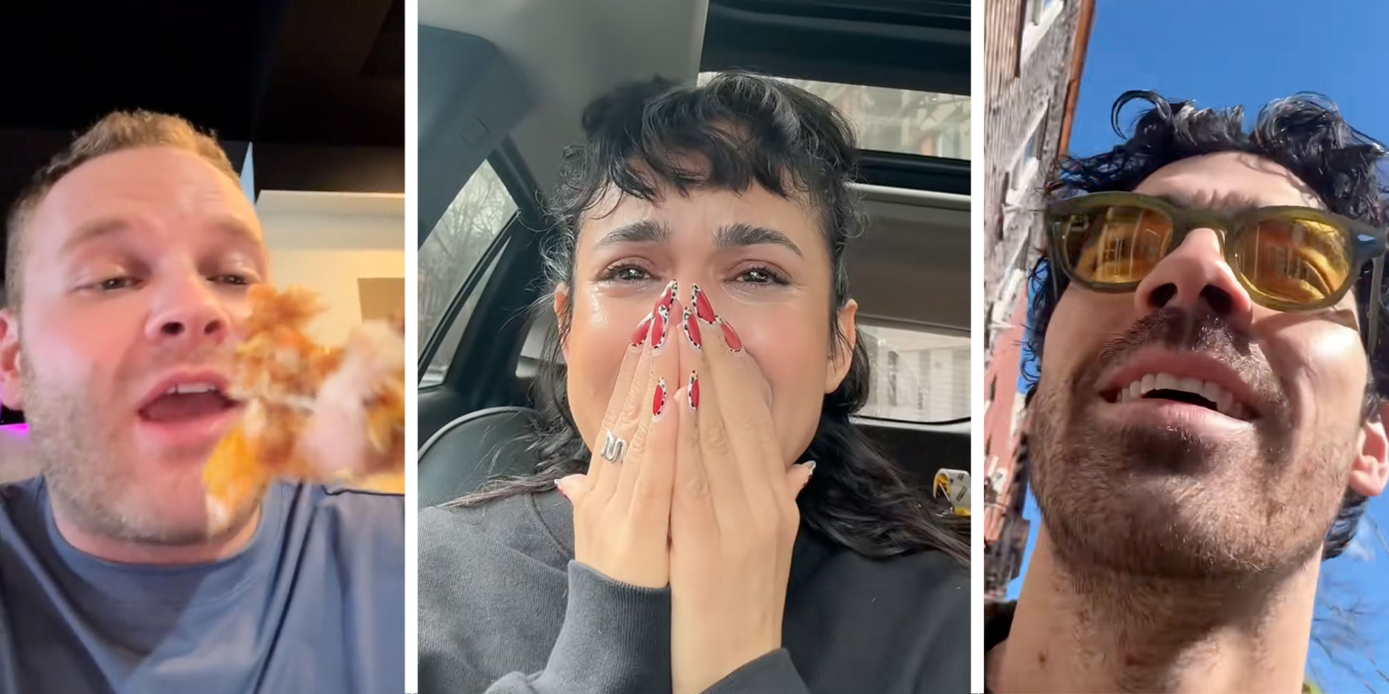 Three panel design with a man taking a bit of food in one, next to an image of a woman looking sad with her hands over her mouth, next to an image of the celebrite Joe Jonas as he walks down the street