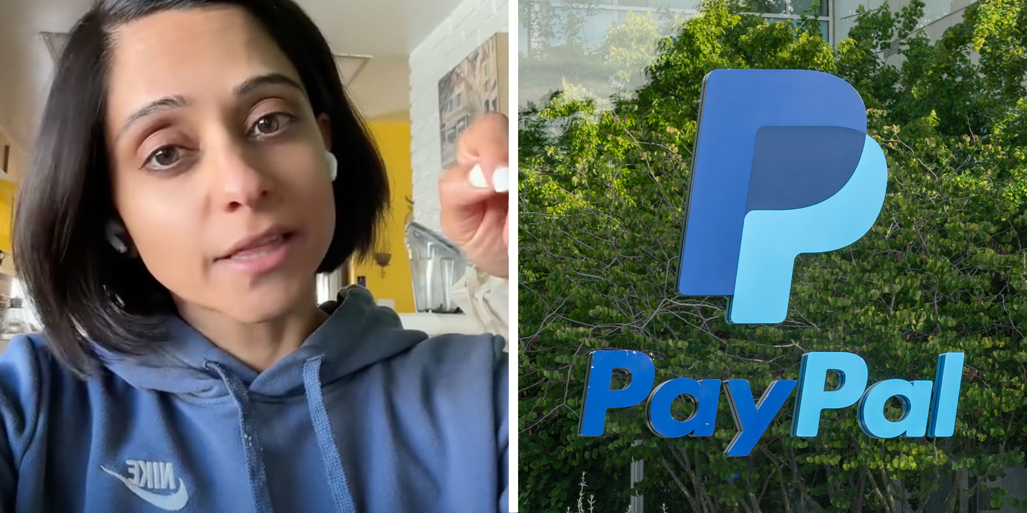 two panel design with a woman looking at the camera while talking, next to an image of a PayPal logo that is outside of a building
