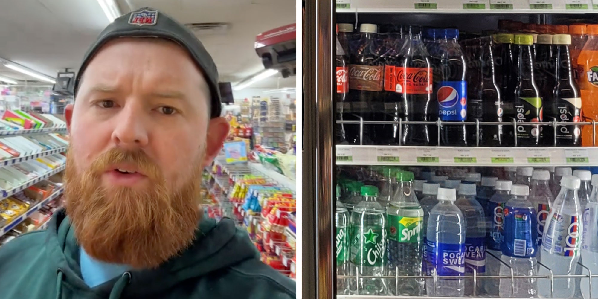 Two panel design with a man walking through a gas station, next to an image of a row of drinks in a gas station store