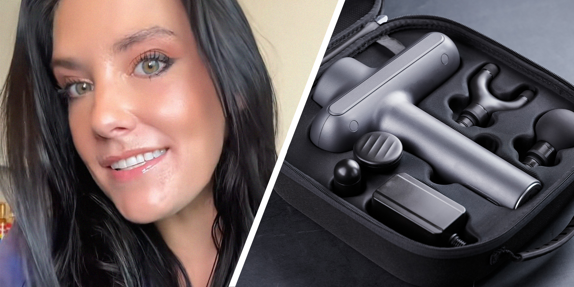 woman shares her friends experience with using a massage gun(r) Massage Gun in case with additional accessories(r)