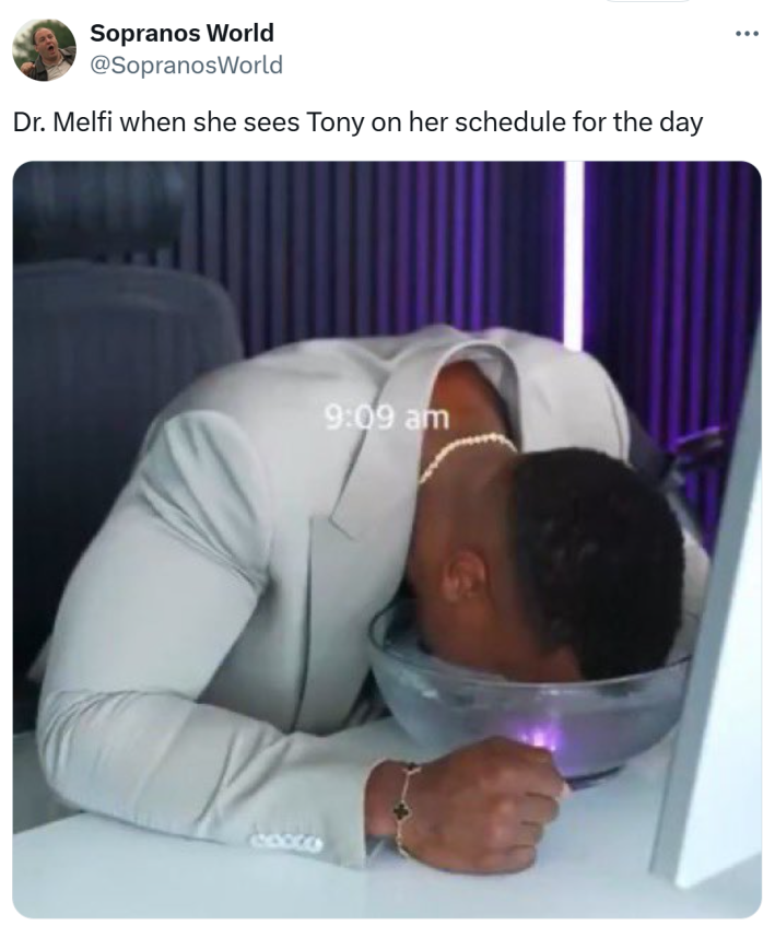 Saratoga water meme, text reads, "Dr. Melfi when she sees Tony on her schedule for the day" with a photo of a man in a suit with his head dunked in a bowl of ice water.