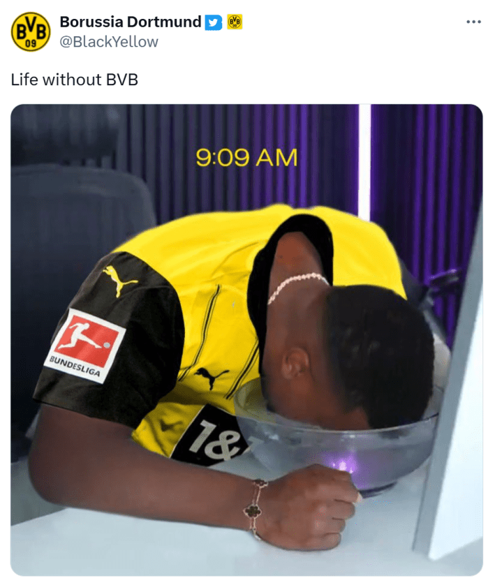 Saratoga water meme, text reads, "Life without BVB" with a photo of a soccer player with his face dunked in ice water.