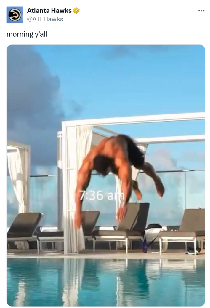 Saratoga water meme from the Atlanta Hawks, text reads, "morning y'all" with a screenshot of Anthony Hall jumping in a pool with a 7:36am time stamp.