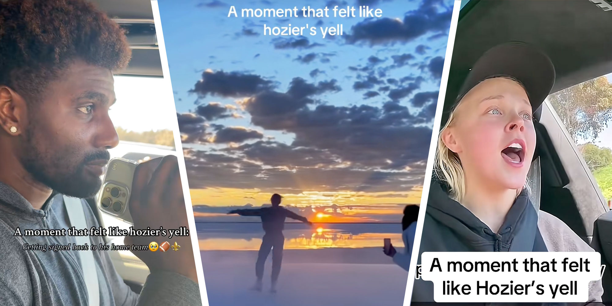 three panel design with a man in his car listing to music, next to an image of someone skating on the beach, next to an image of JoJo singing in her car