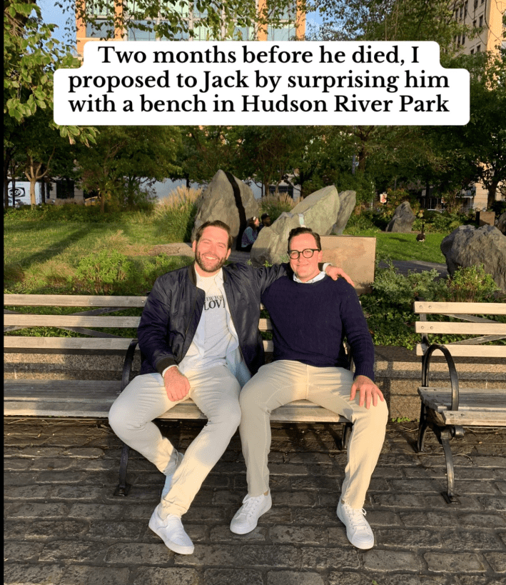 A photo of a couple on a bench before one of them passed away