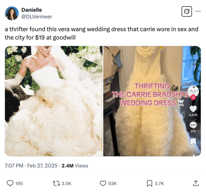 An X post that shows Carrie's SATC wedding dress for sale at a thrift store