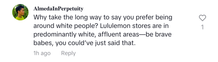 A comment on the Lululemon Strategy TikTok calling out racism