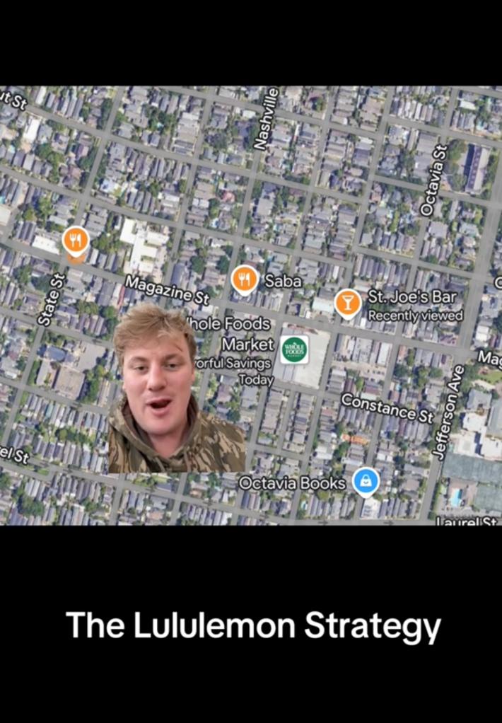 A user explaining the "Lululemon method" of travel, with his face superimposed over a map of New Orleans