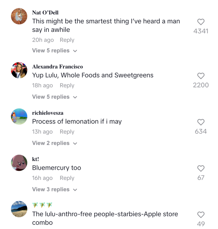 Comments on a video describing the "lululemon method," finding lululemons in a new city and hanging out in those areas