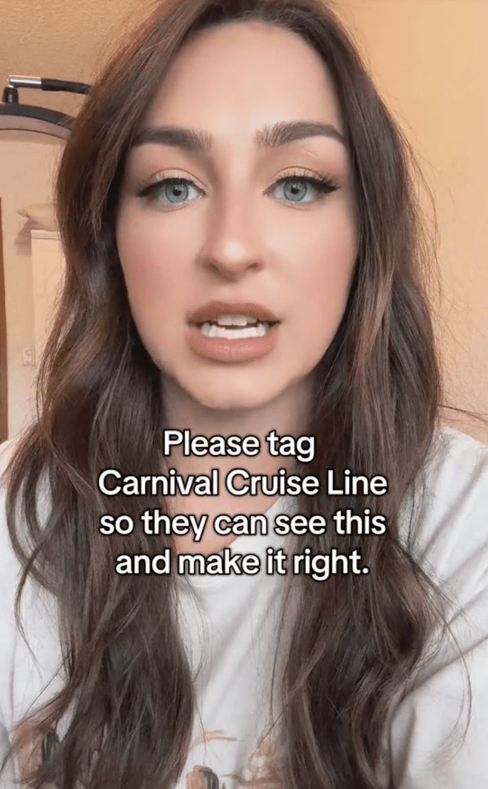 A TIk Tok video where a user recounts her son's traumatizing injury on a carnival cruise, with the caption at this point in the video being "please tag carnival cruise line so they can see this and make it right"