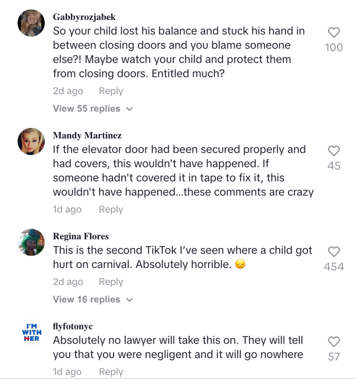 Reactions on a TikTok post about a woman whose son was injured on a Cruise ship