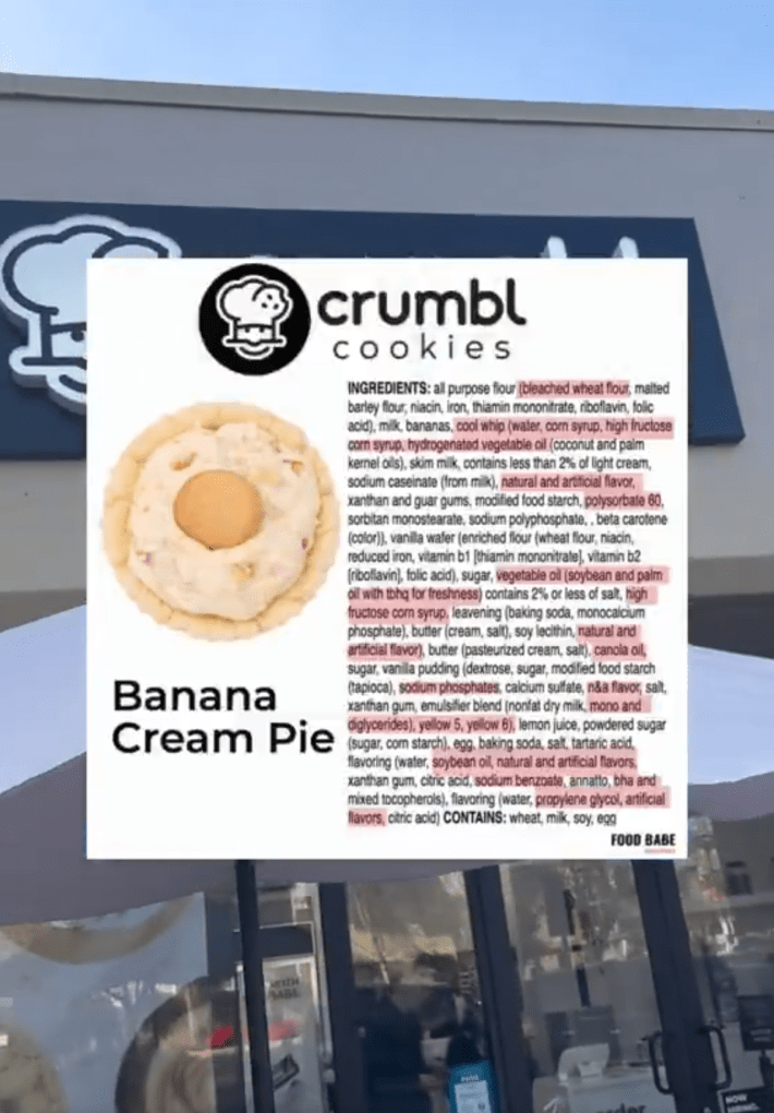 An X post with the list of ingredients in a Crumbl banana cream pie cookie