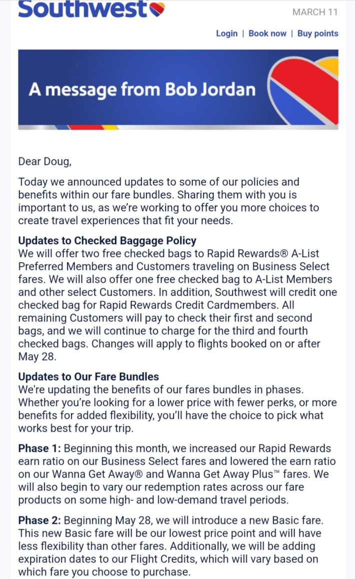 An email shared on X detailing Southwest's policy changes and updates