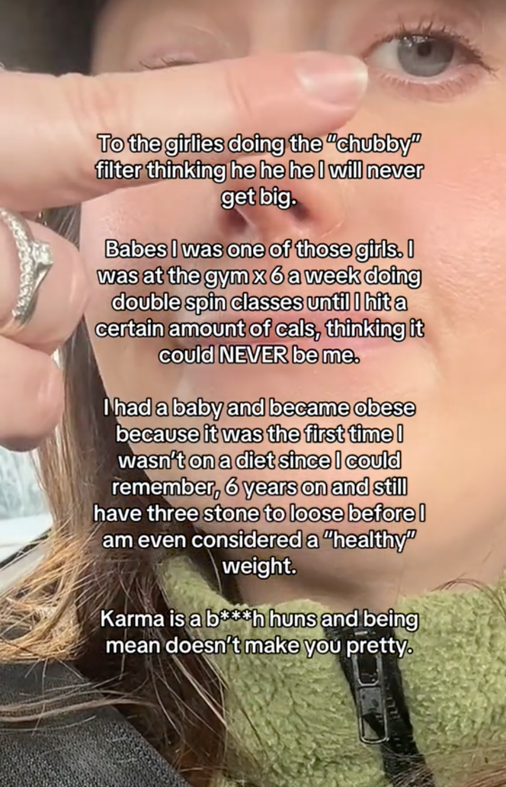 Test of a woman being anti-fat filter, explaining how damaging the filter can be, and giving the viewer the middle finger