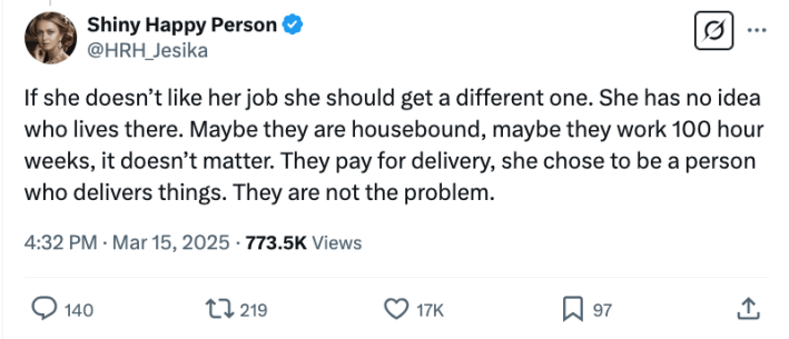 An X comment criticizing the Amazon worker's behavior in a ring video