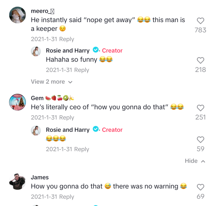 Reactions to @itsrosieandharry's early "pretend I'm a random girl at a party" video.