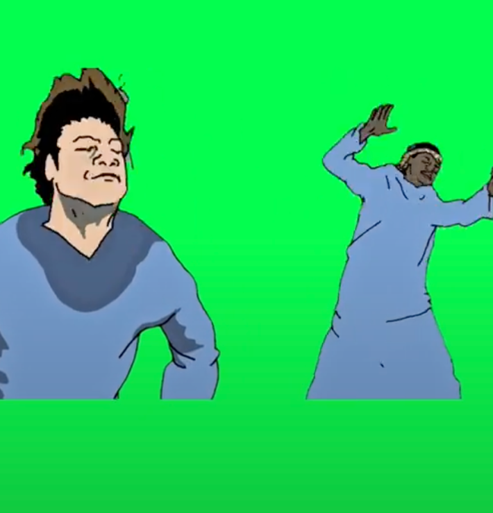 third part of Shoebody boo meme, two men dacing wildly