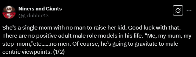 Screenshot from an X post discussing a woman's de-pilled red pill son