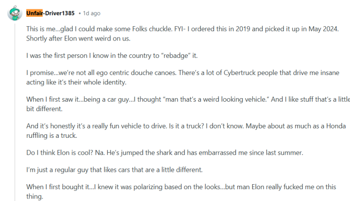 Screenshot of discussion about rivian cybertruck