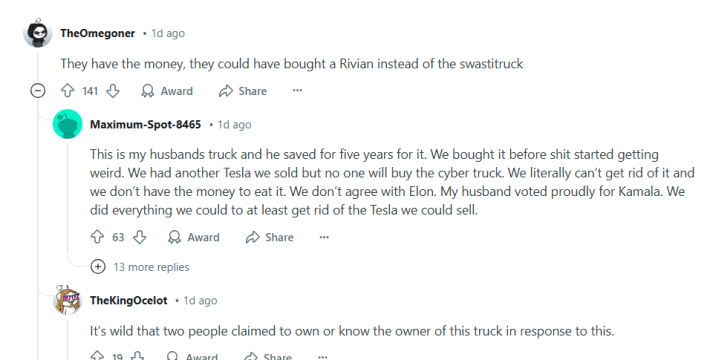 Screenshot of discussion about rivian cybertruck