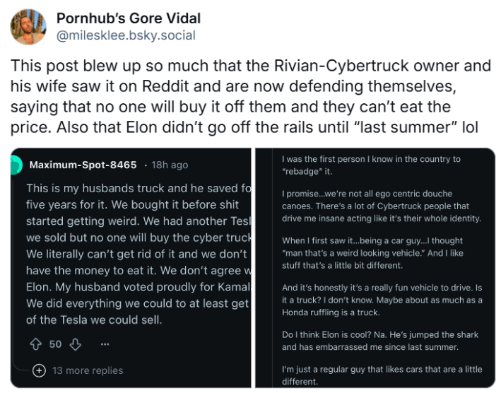 Screenshot of discussion about rivian cybertruck