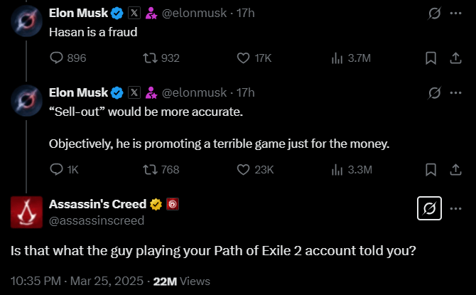 Screenshot from an X post discussing assassin's creed elon musk