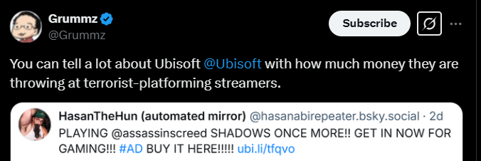 Screenshot from an X post discussing assassin's creed elon musk