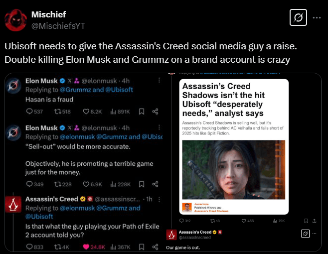Screenshot from an X post discussing assassin's creed elon musk