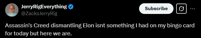 Screenshot from an X post discussing assassin's creed elon musk